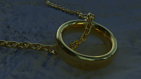 A gold chain with a ring on the gray ground at dusk. Beautiful image of jewelry on dirty ground in the evening. 3D rendering. 3D illustration. 3D image.の写真素材
