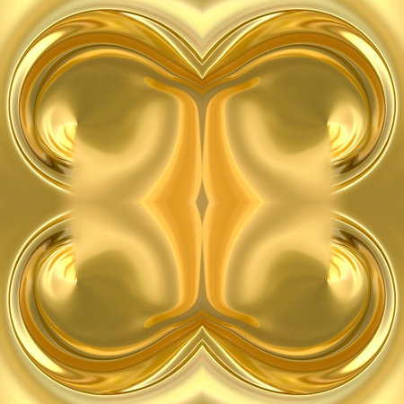 Seamless symmetrical background with a golden round vortex on a yellow background. Abstraction of...