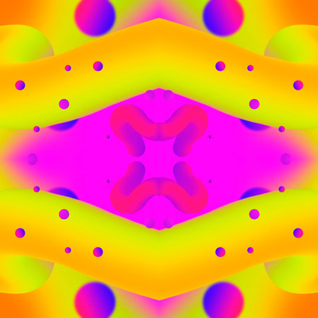 Multi-colored seamless mirror abstraction with symmetrical yellow and pink liquids and balls on a...