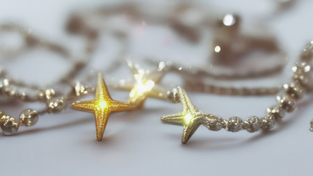 Beautiful jewelry is lying on the table. Gold and silver chains with pendants. Expensive precious necklaces. generated AI.の素材