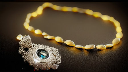 Beautiful jewelry is lying on a black table. A gold chain and a silver brooch with a precious stone. An expensive, precious necklace. generated AI.の素材