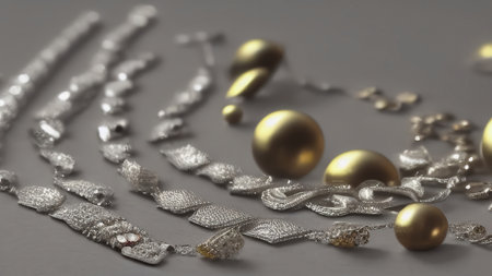 Beautiful jewelry is lying on a gray table. Silver chain and gold beads. An expensive, precious necklace. generated AI.の素材