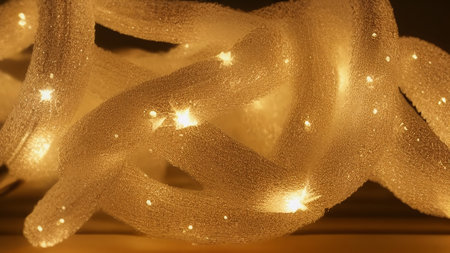 There are beautiful Christmas decorations on the table. The golden garlands are tied in a knot. Golden, sparkling garlands. generated AI.の素材