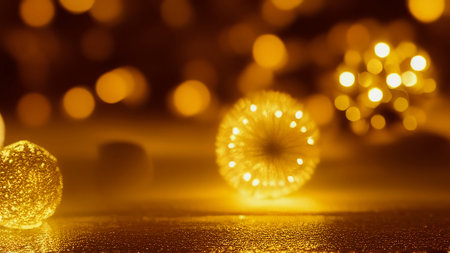 There are beautiful Christmas decorations on the table. Golden sparkling balls and lights. generated AI.の素材