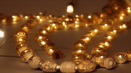 Beautiful jewelry is lying on the table. Gold chains with pendants. Expensive precious beads. generated AI.の素材