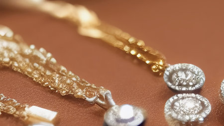 Beautiful jewelry is lying on the table. Gold chains with pendants. Expensive precious necklaces. generated AI.の素材