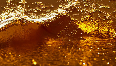 Beautiful abstraction with golden water. Golden waves with splashes on a black background. generated AI.の素材