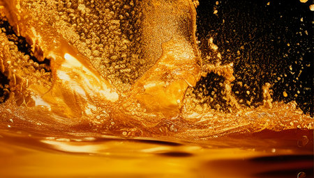 Beautiful golden abstraction with drops of liquid gold. Golden waves with splashes on a black background. generated AI.の素材