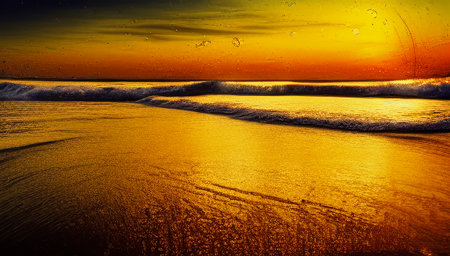 The sea coast during sunset. Coastal waves under the yellow evening sun. generated AI.の素材