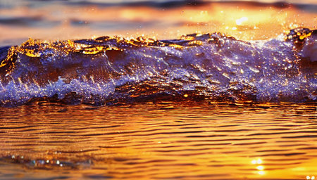 Sea blue water with splashes and waves during sunset. Water splashes in the evening. Coastal waves under the yellow evening sun. generated AI.の素材
