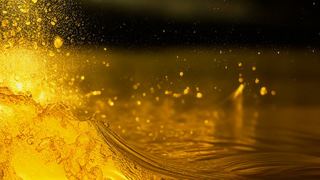 beautiful golden abstraction. Golden waves with splashes on a black background. generated AI.の素材