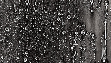 Black and white abstraction. Drops of water on the glass. Close-up of water droplets on the wall. generated AI.の素材