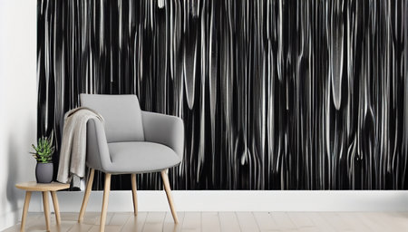 The image of the interior with furniture. A light armchair, a table and a flowerpot with flowers on the background of a beautiful black and white wall. generated AI.の素材