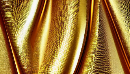 Golden satin fabric with highlights. The gold bedspread with folds glitters and shimmers. generated AI.の素材