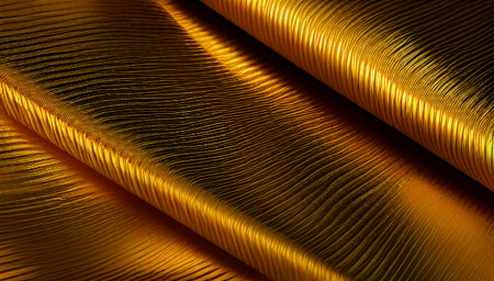 The golden satin fabric is beautifully folded. The gold bedspread with folds glitters and shimmers. generated AI.の素材