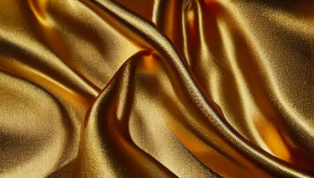 The golden satin fabric is crumpled. The gold bedspread with folds glitters and shimmers. generated AI.の素材
