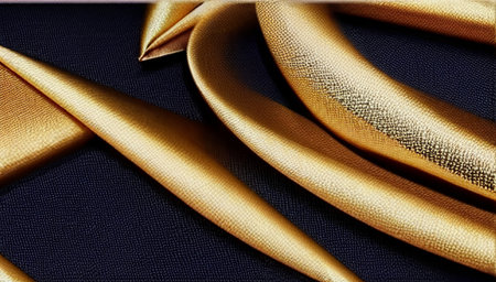 Golden fabric with highlights close-up. The gold bedspread with folds glitters and shimmers. generated AI.の素材