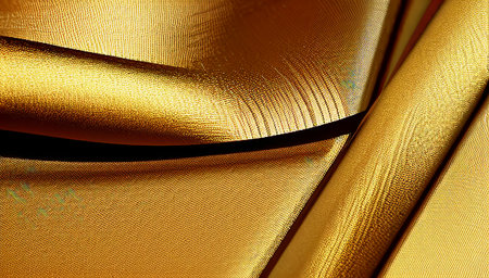 The golden satin fabric with sequins is beautifully folded. The gold bedspread with folds glitters and shimmers. generated AI.の素材