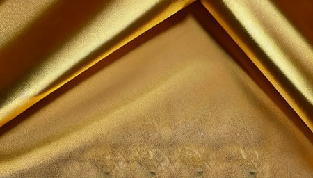Golden fabric with highlights close-up. The golden tablecloth with folds glitters and shimmers. golden background. generated AI.の素材