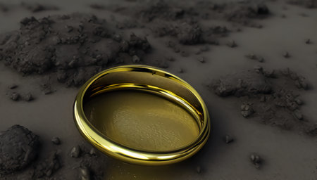 A gold wedding ring lies among the stones on the gray ground. The lost ring lies on the dirty ground. generated AI.の素材