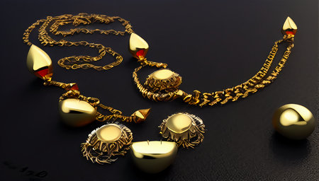 Antique gold necklace on black background. Vintage beautiful jewelry on a black background. generated AI.の素材