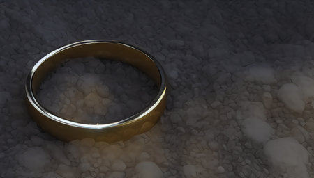 Vintage gold ring lies among the stones on the dry gray ground. The lost ring lies on the dirty ground. generated AI.の素材