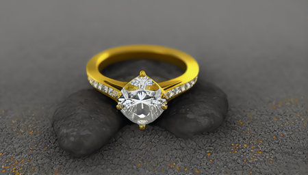A gold ring with a diamond lies on the dry gray ground. A lost jewel. generated AI.の素材