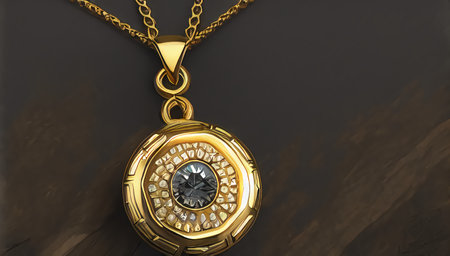 Antique gold necklace on gray background. Vintage beautiful jewelry on a dark background. Gold pendant. generated AI.の素材