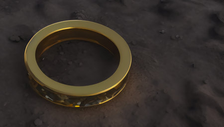 Vintage gold ring lies on the dry gray ground. The lost jewel is lying on the dirty ground. generated AI.の素材
