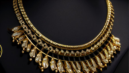 Antique gold necklace on black background. Vintage beautiful jewelry on a dark background. generated AI.の素材