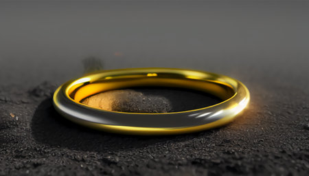 The golden ring lies on the dry gray ground. The lost piece of jewelry lies on the dirty rough ground. generated AI.の素材