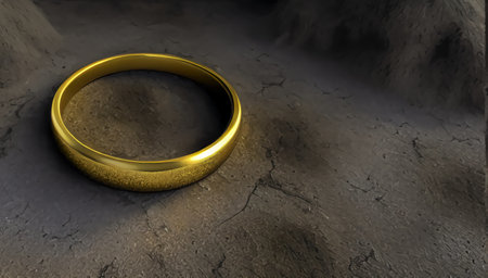 Vintage gold ring lies on the dry gray ground. The lost ring lies on the dirty cracked ground. generated AI.の素材