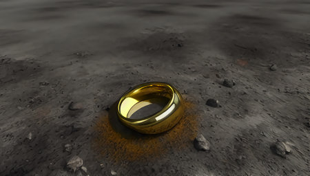 The golden ring lies among the stones on the gray earth. The lost ring lies on the dirty ground. generated AI.の素材