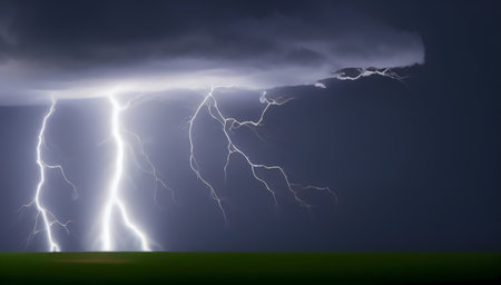 Bright lightning during a night thunderstorm. electrical discharges. Storm clouds. generated AI.の素材