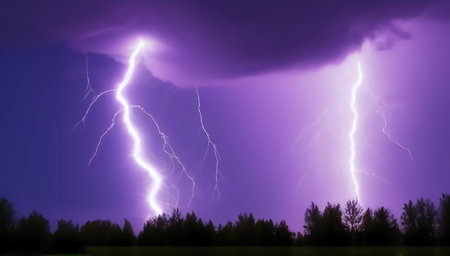 Bright lightning during a night thunderstorm. electrical discharges. generated AI.の素材