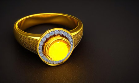 A gold ring with a gemstone on a dark surface. Jewelry on a dark background. generated AI.の素材