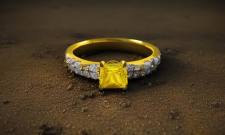A beautiful gold ring with a precious stone lay on the ground among the stones. Jewels on a brown ground. The lost ring. generated AI.の素材