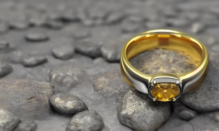 A beautiful gold ring with a precious stone on the ground among the stones. Jewelry on the rocks. The lost ring. generated AI.の素材