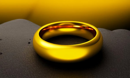 The golden ring lies on the gray ground. Jewelry on a gray background. The lost ring. generated AI.の素材