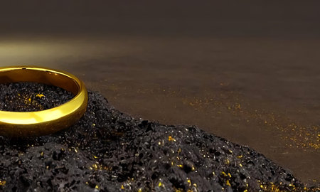 A beautiful gold wedding ring on the ground among the stones. Jewelry on the rocks. The lost ring. generated AI.の素材