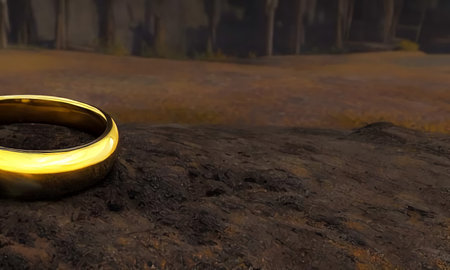 A beautiful gold wedding ring on the ground among the stones. Jewelry in the forest. The lost ring. generated AI.の素材