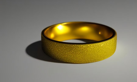 There is a gold wedding ring on the gray table. Jewelry on a gray background. generated AI.の素材