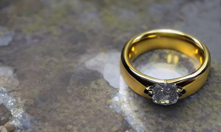 A beautiful gold diamond ring lies on a marble surface. Jewelry on the gray earth. The lost ring. generated AI.の素材