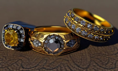 Beautiful gold rings with precious stones. Jewelry with diamonds and amber stones. generated AI.の素材