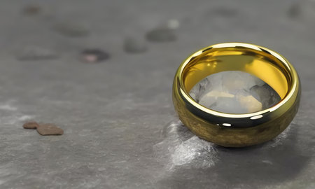 A gold wedding ring lies on a gray rock. Jewelry on a gray background. The lost ring. generated AI.の素材