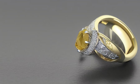 A beautiful gold ring with a precious stone lies on a gray table. Jewelry on a gray background. generated AI.の素材