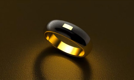 A beautiful golden ring rolling on a golden table. Jewelry on a yellow background. generated AI.の素材