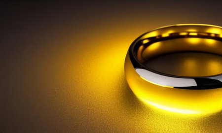 A gold wedding ring lies on a golden surface. Decorations on a gray background. golden glow. generated AI.の素材