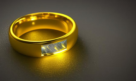 A gold wedding ring lies on a gray surface. Jewelry on a gray background. golden glow. generated AI.の素材