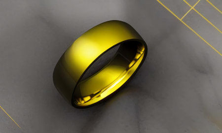 A beautiful gold ring with patterns rolling on a gray marble table. Jewelry on a gray background. generated AI.の素材